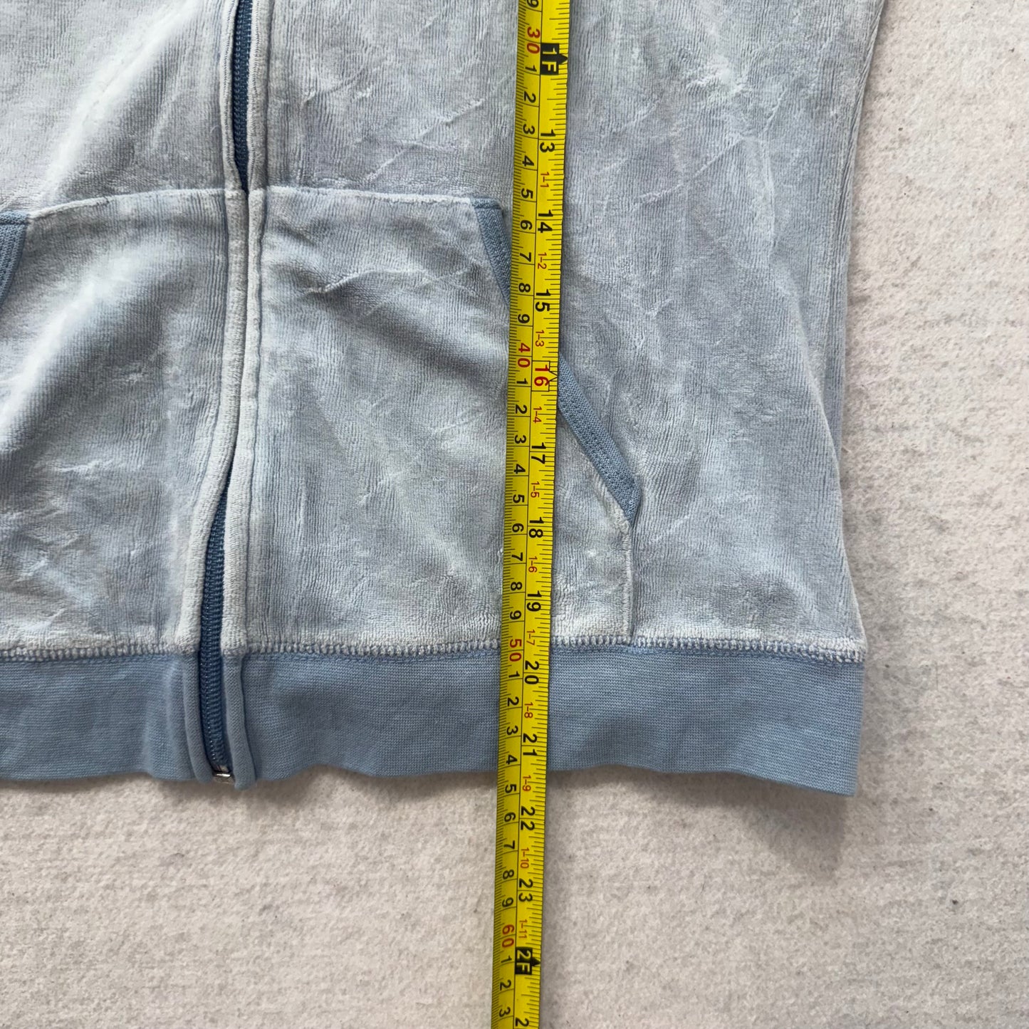 Vintage Juicy Couture Women's Dusty Blue Velour Zip Up Hoodie Pockets Size L