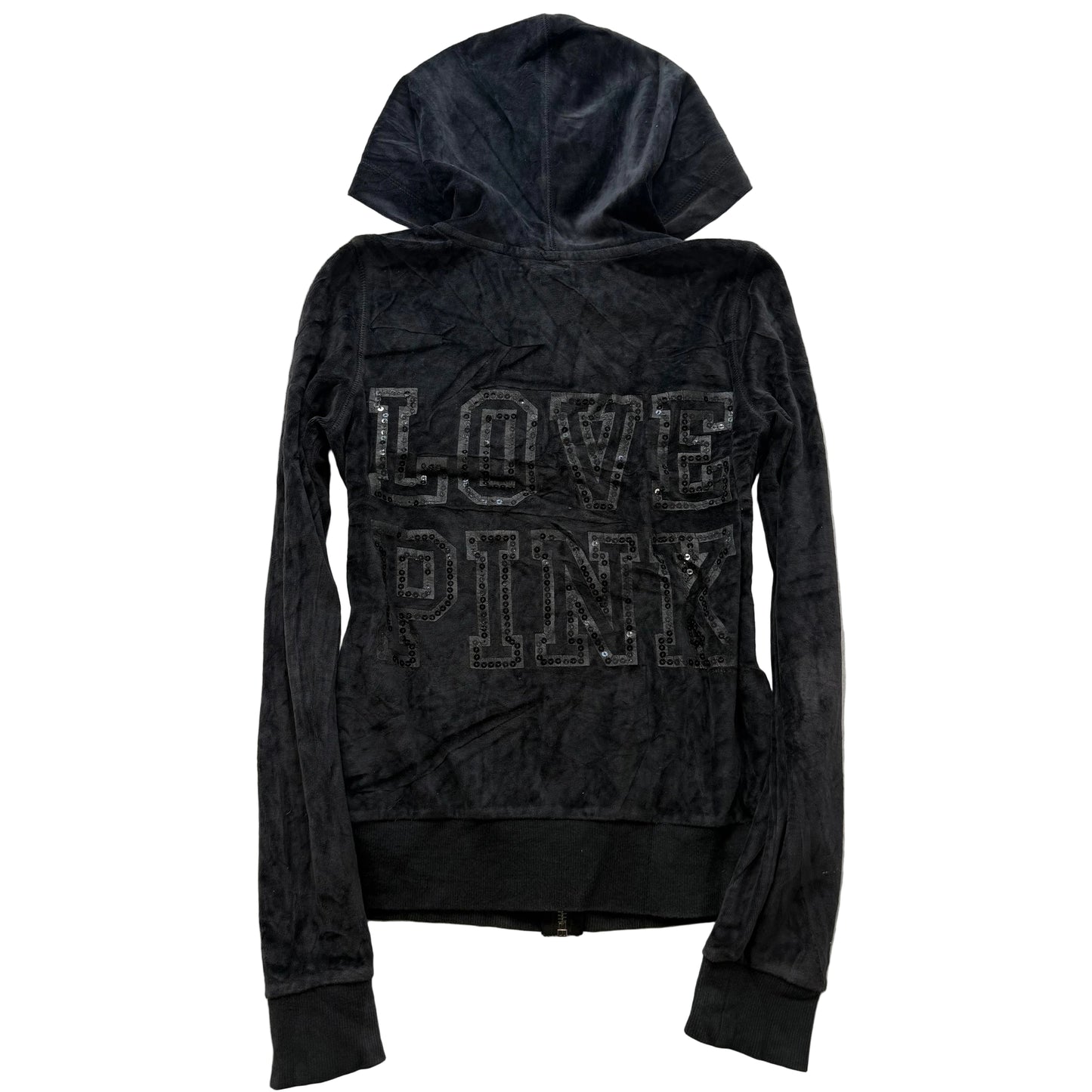 PINK Victoria's Secret Women Charcoal Gray Zip Up Hoodie Rhinestone Logo Size XS