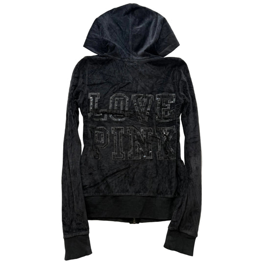 PINK Victoria's Secret Women Charcoal Gray Zip Up Hoodie Rhinestone Logo Size XS