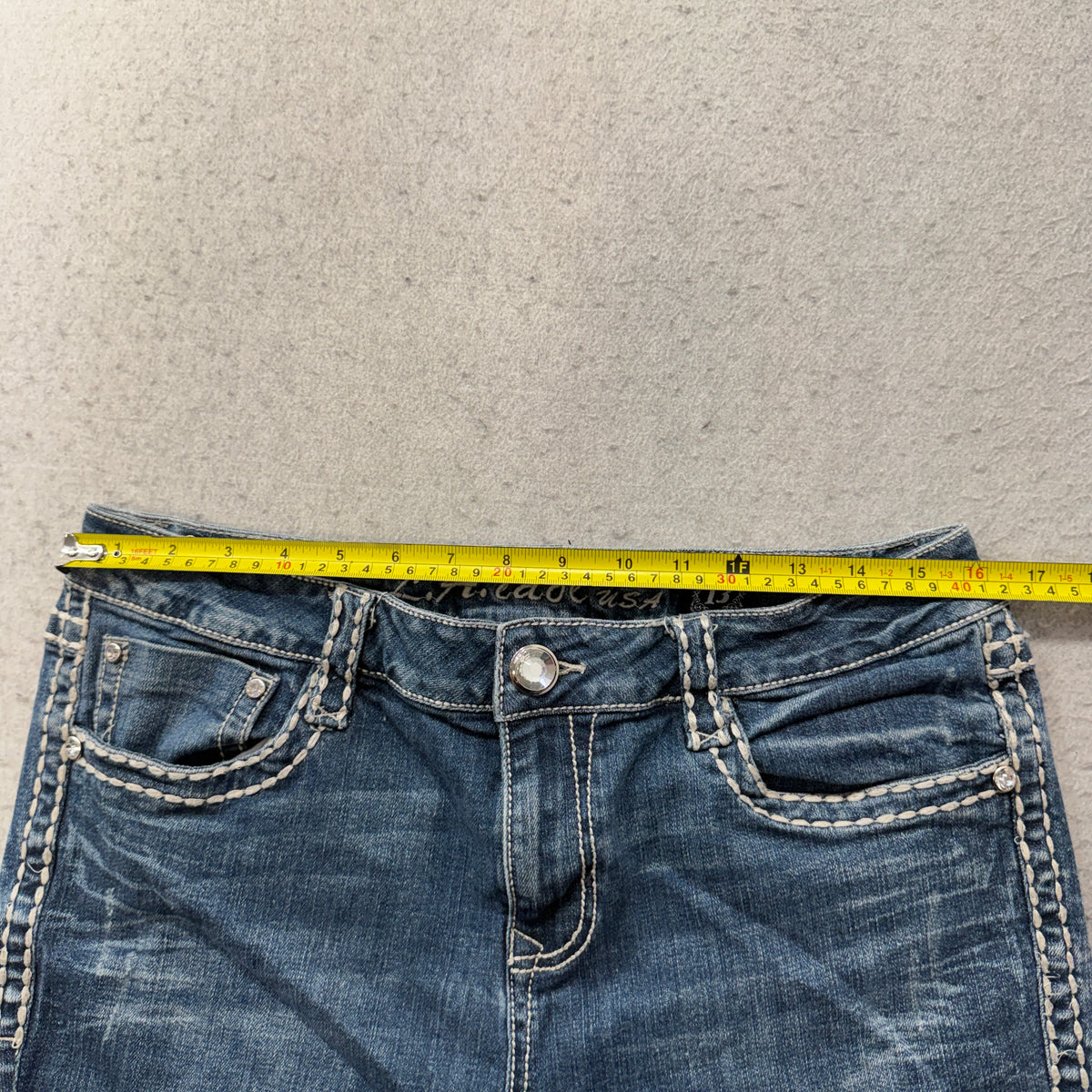 L.A. Idol Cutoff Denim Shorts Women's Blue Embellished Pocket Frayed Size 13 photo 4