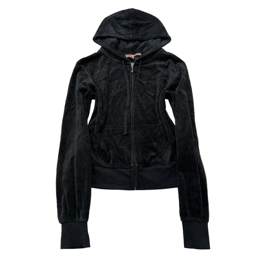 Vintage Juicy Couture Womens Black Velour Zip-Up Hoodie Loungewear Pocket Size L