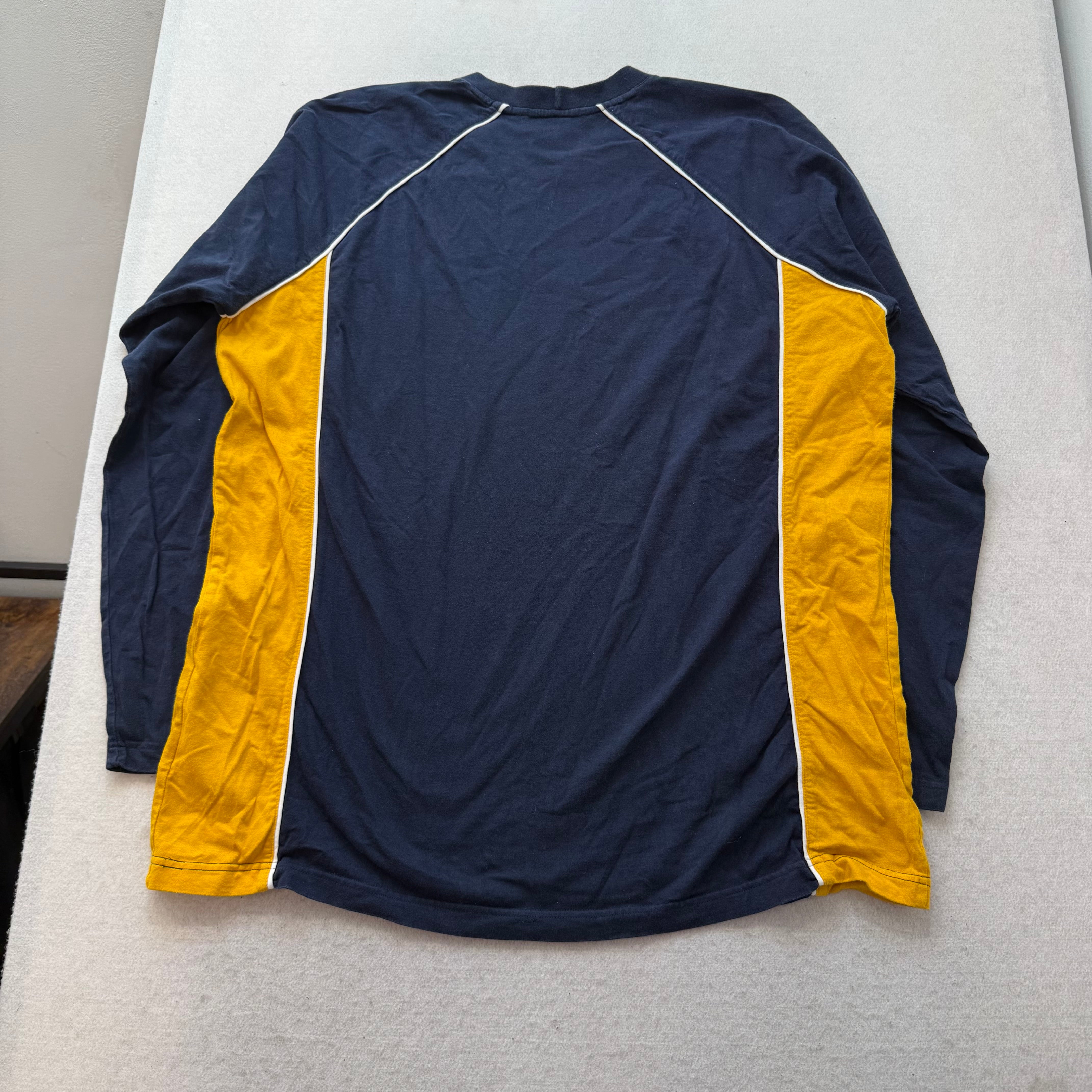 Nike Men Navy Yellow Cotton T-Shirt Long Sleeves Raglan Cut Swoosh Logo Size 2XL