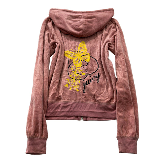 Vintage Juicy Couture Womens Pink Velour Zip-Up Hoodie Butterfly Graphic Size S