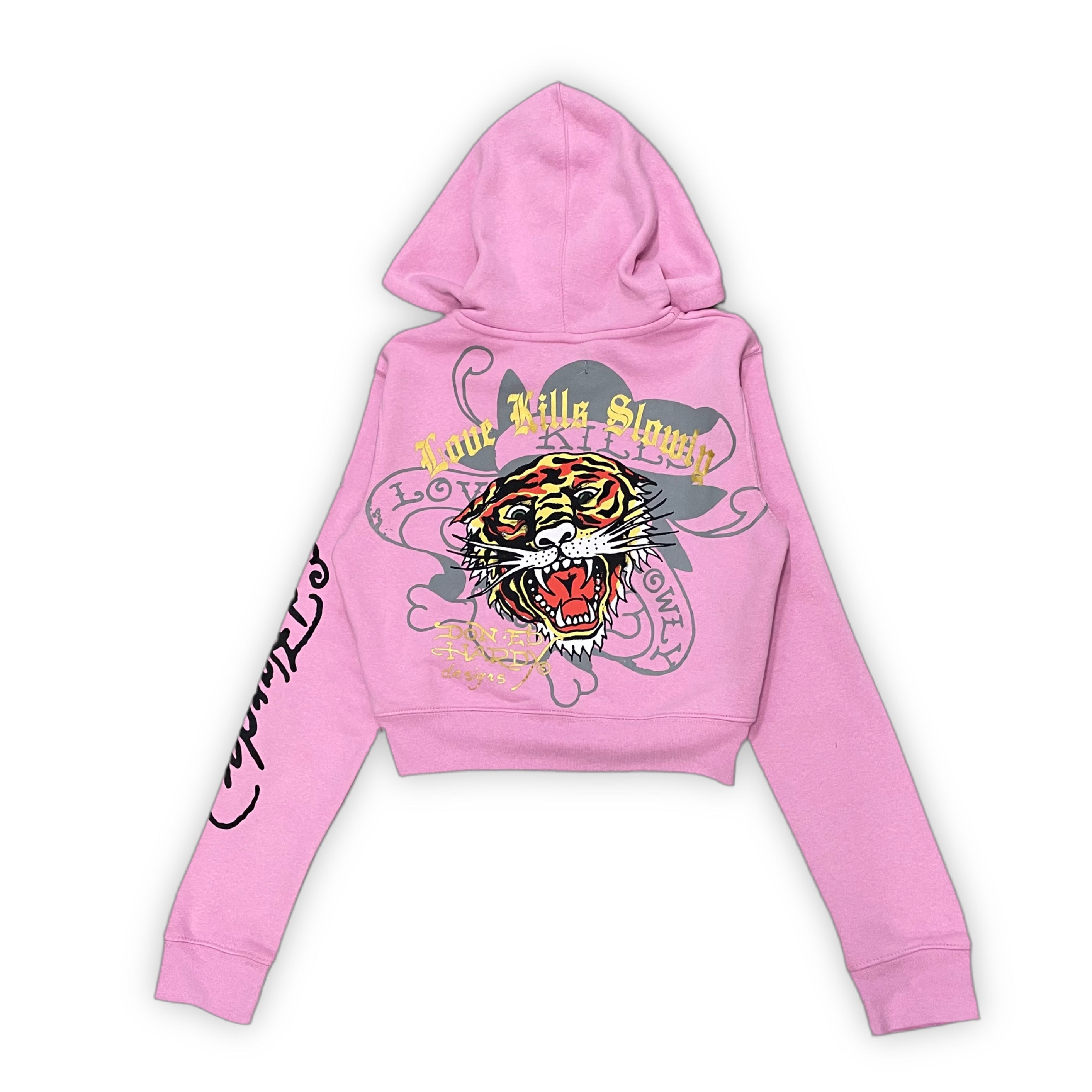 Ed Hardy “Tiger Dagger” Pink Cropped Zip Up Hoodie