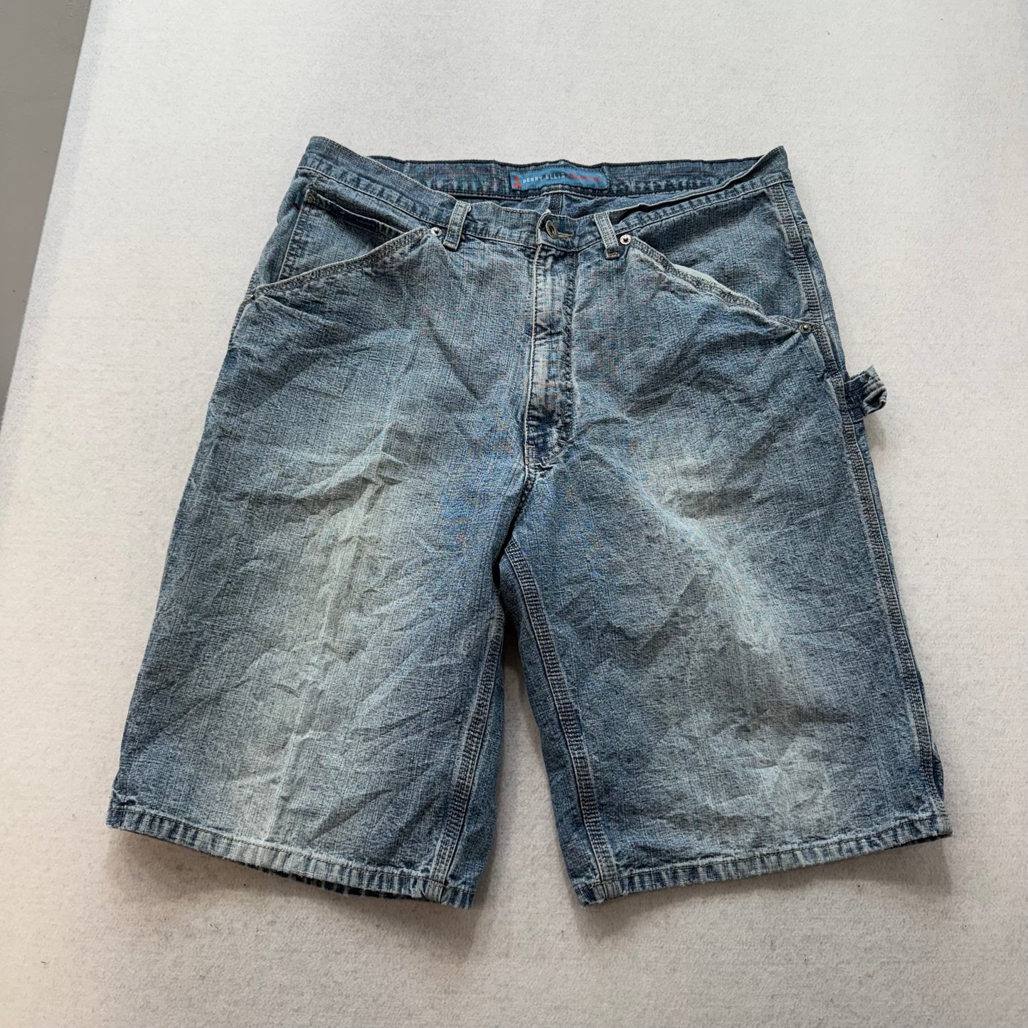 Perry Ellis Men Medium Wash Blue Denim Baggy Carpenter Short Hammer Loop Size 36