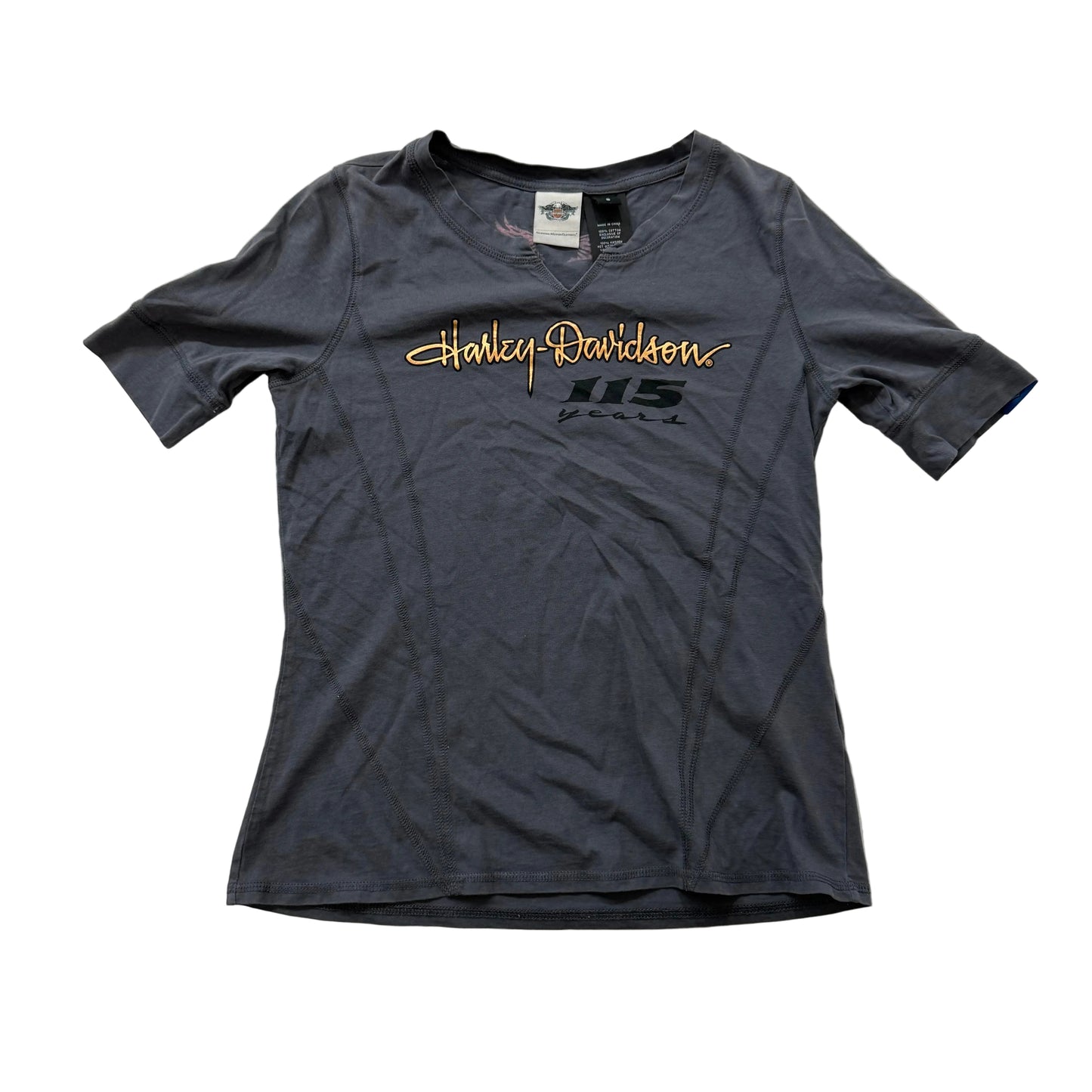 Harley-Davidson 115th Anniversary Women's Dark Gray Notch Neck T-Shirt Size S