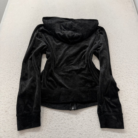 Juicy Couture Women's Black Velour Zip-Up Hoodie Pockets Rhinestone Logo Size XL