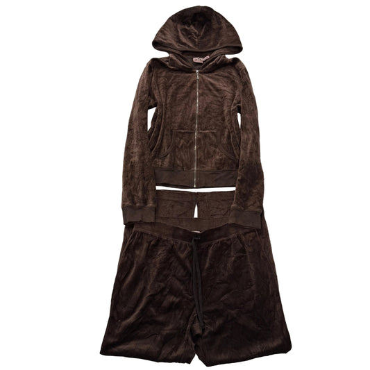 Juicy Couture Brown Velour Tracksuit Set Zip-Up Hoodie & Drawstring Pant Size M/L