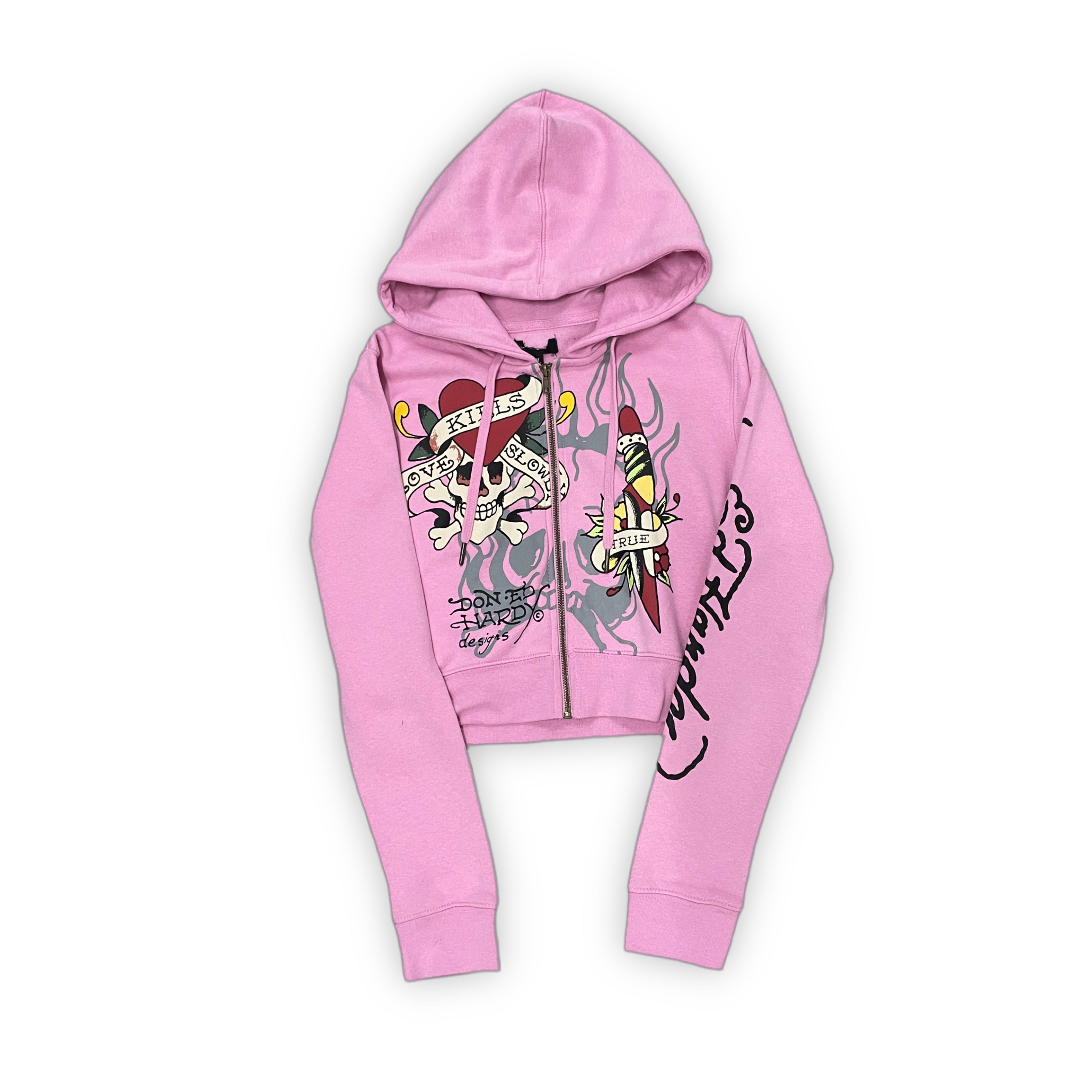 Ed Hardy “Tiger Dagger” Pink Cropped Zip Up Hoodie
