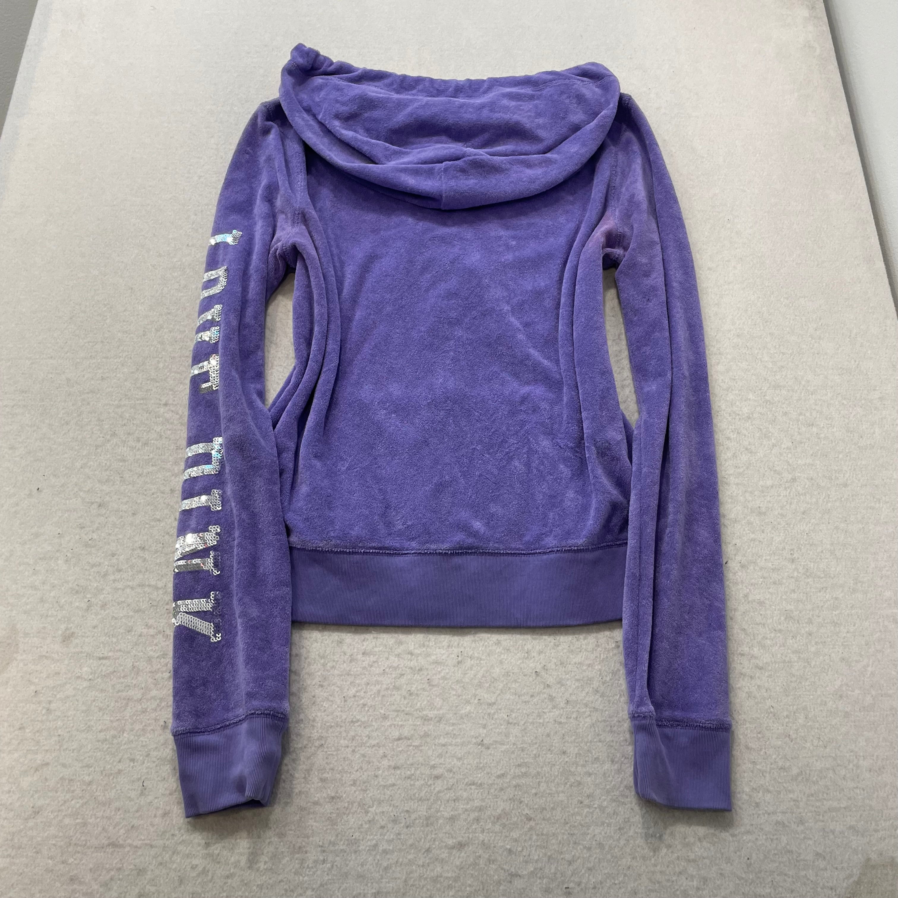 Victoria's Secret PINK Women Purple Velour Zip-Up Hoodie Sequin Logo Y2k Size L