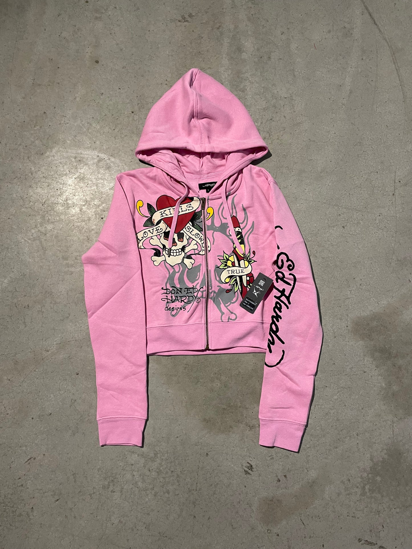 ED HARDY “TIGER DAGGER” PINK CROPPED ZIP UP HOODIE