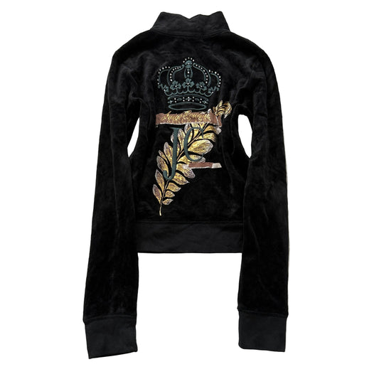 Juicy Couture Women's Black Velour Zip-Up Track Jacket Rhinestone Crown Size S