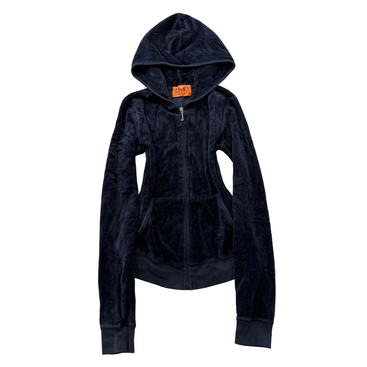 2003 Vintage Juicy Couture Women's Navy Blue Velour Zip-Up Hoodie Pockets Size S