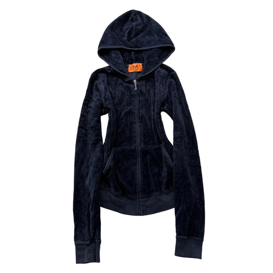 2003 Vintage Juicy Couture Women's Navy Blue Velour Zip-Up Hoodie Pockets Size S