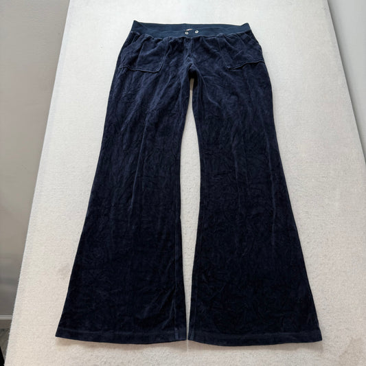 Juicy Couture Womens Navy Velour Wide Leg Flare Track Pants Snap Pockets Size XL