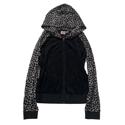 Juicy Couture Women's Black Leopard Print Velour Zip Up Hoodie Raglan Cut Size M