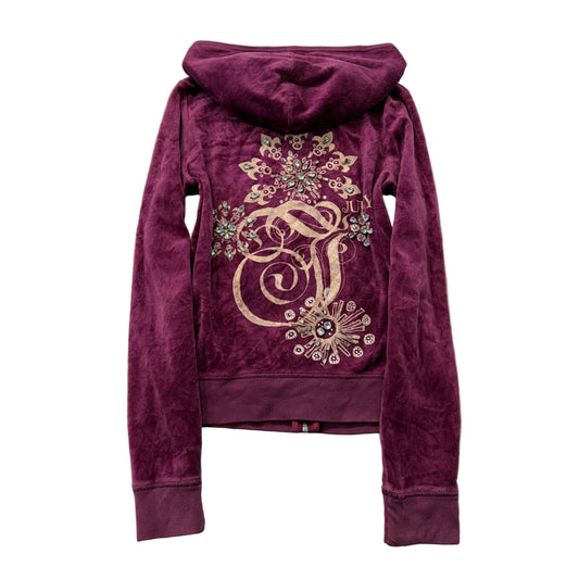 Juicy Couture Womens Dark Plum Velour Zip-Up Hoodie Rhinestone Embellishment - M