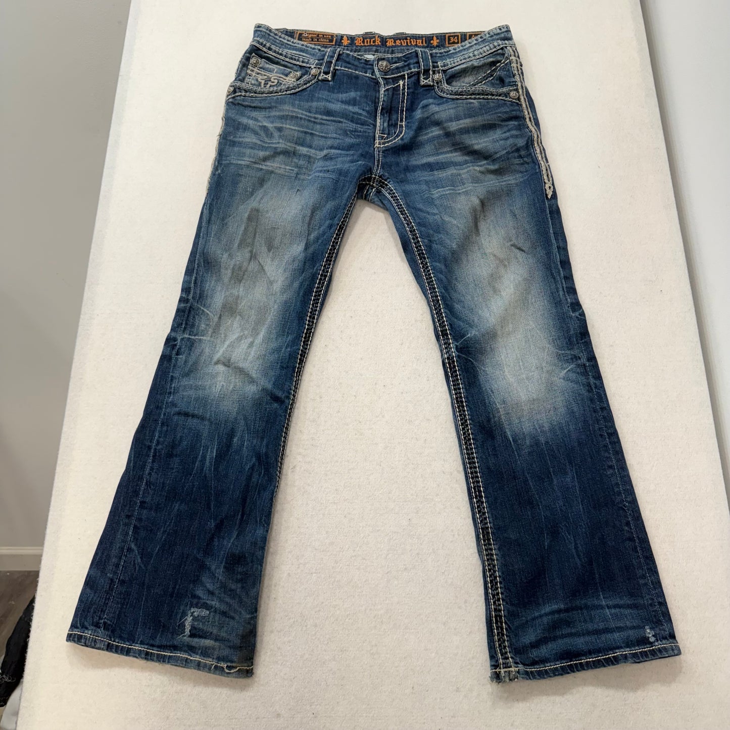 Rock Revival Auster Women's Blue Denim Bootcut Jeans Fleur-De-Lis Pocket Size 34