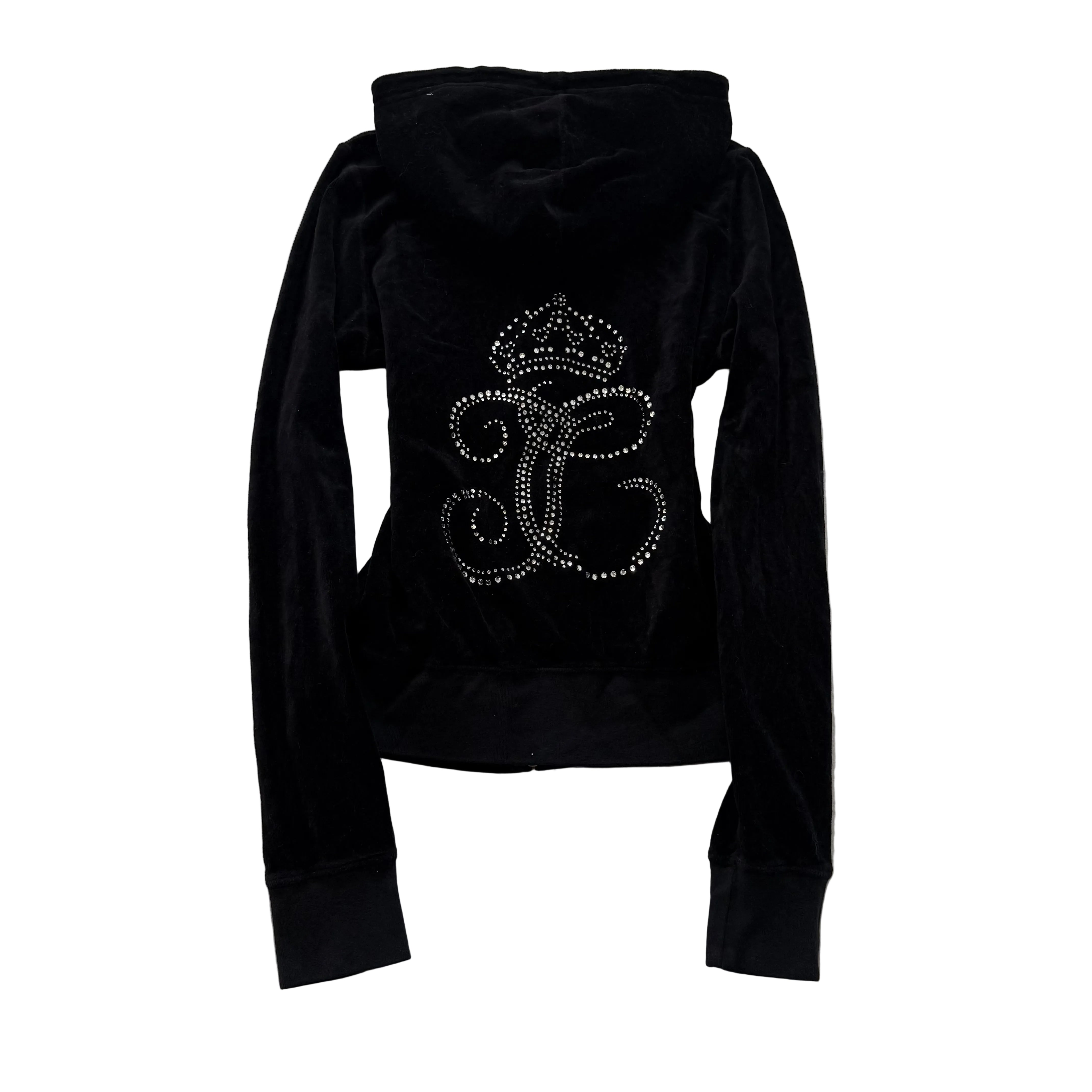 Juicy Couture Womens Jet Black Velour Zip-Up Hoodie Rhinestone Crown Logo Size S