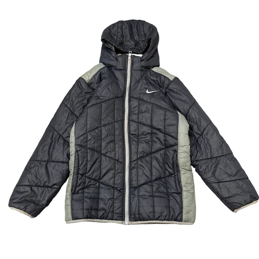 Nike Men Black Sage Green Hooded Puffer Jacket Full Zip Quilted Insulated Size L