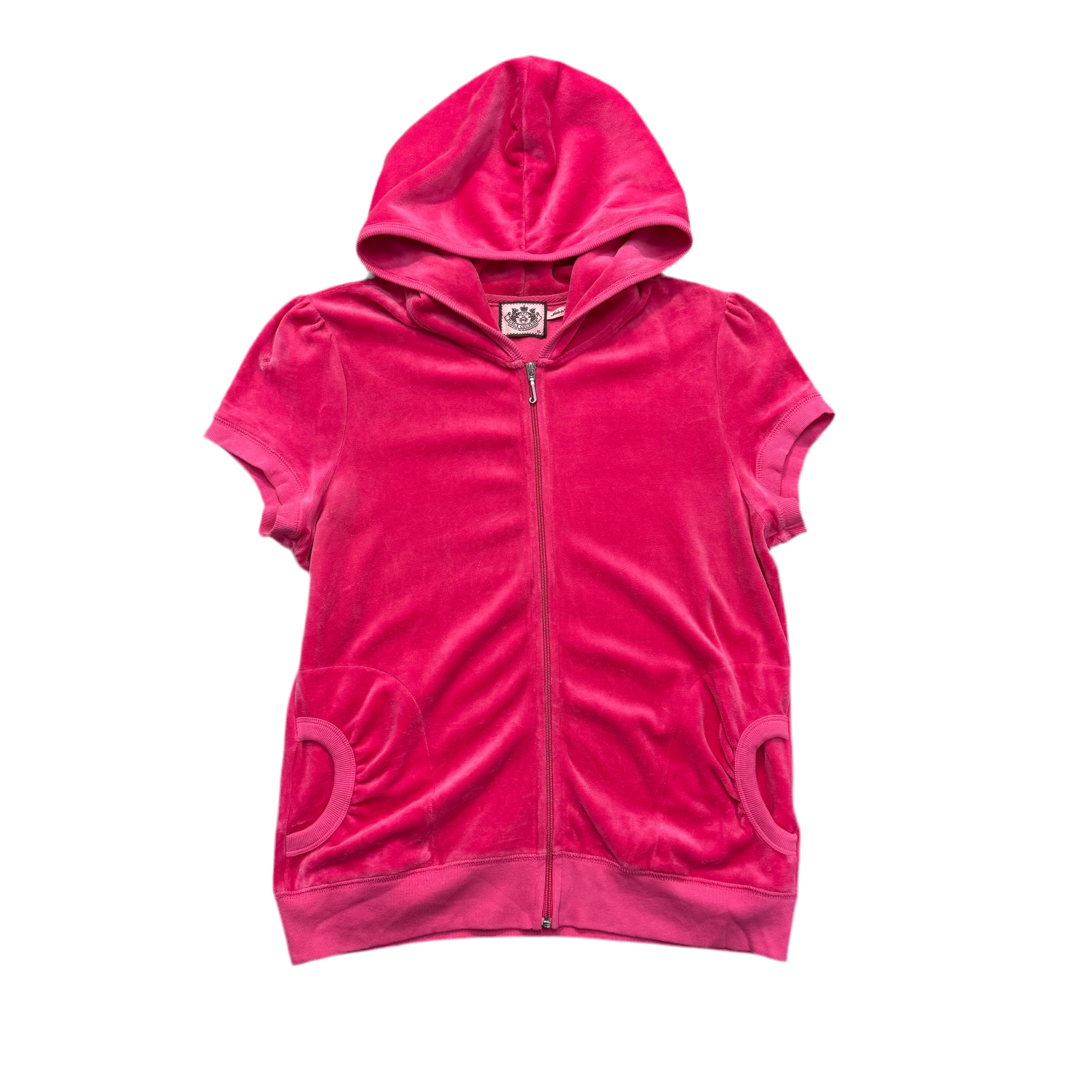 Pink VINTAGE Velour Juicy Couture Short Sleeve Hoodie w/ RARE EMBLEM DESIGN SIZE XL
