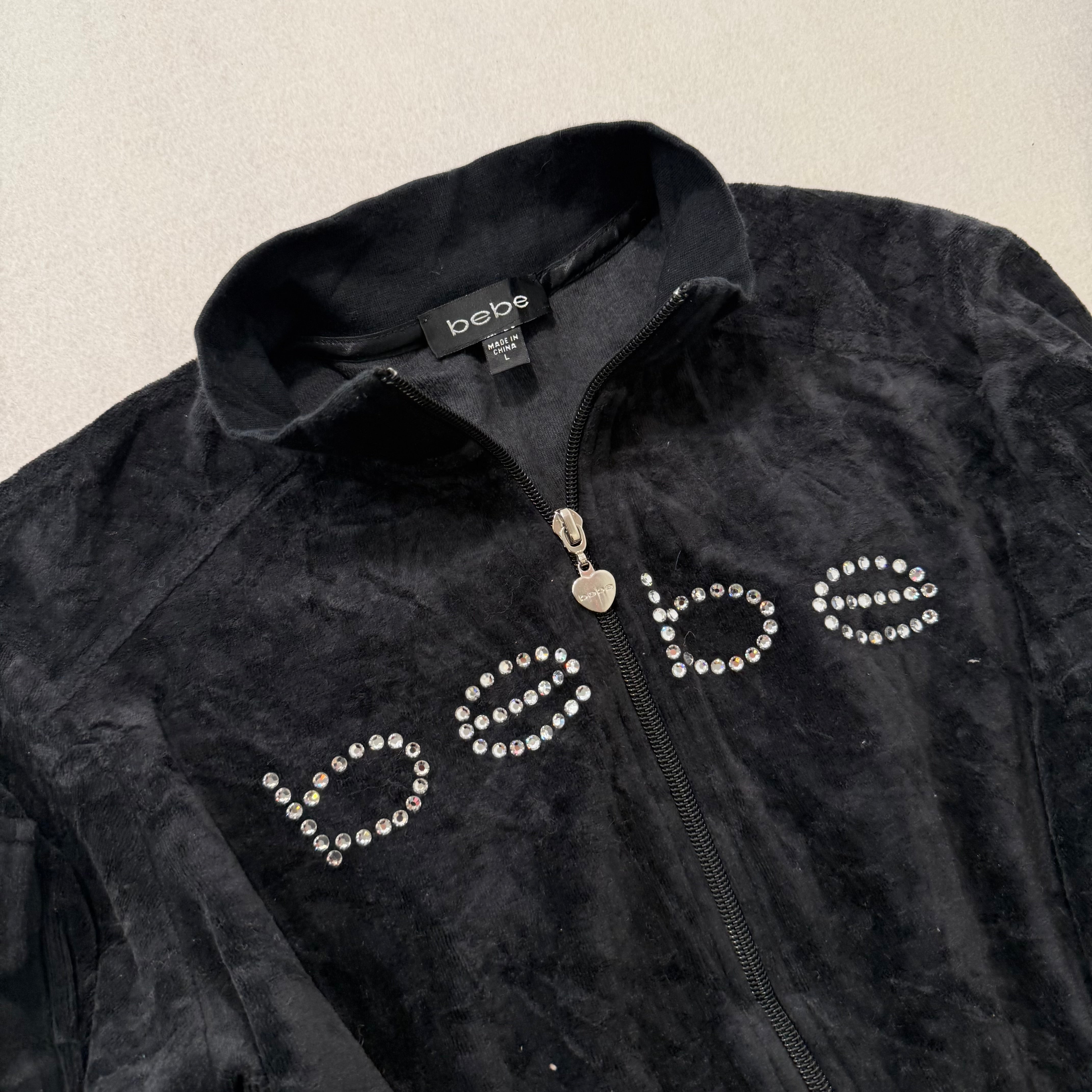 Bebe black velour rhinestone cargo pocket zip jacket size L