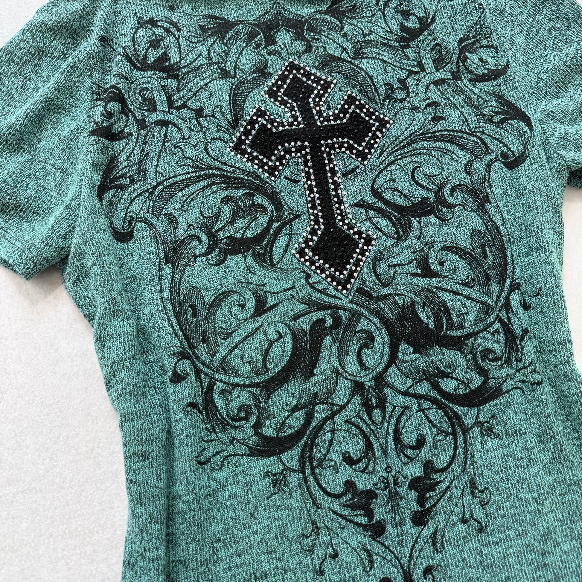 Vocal blue green rhinestone cross graphic stretch top size Medium - Clean Curriculums 