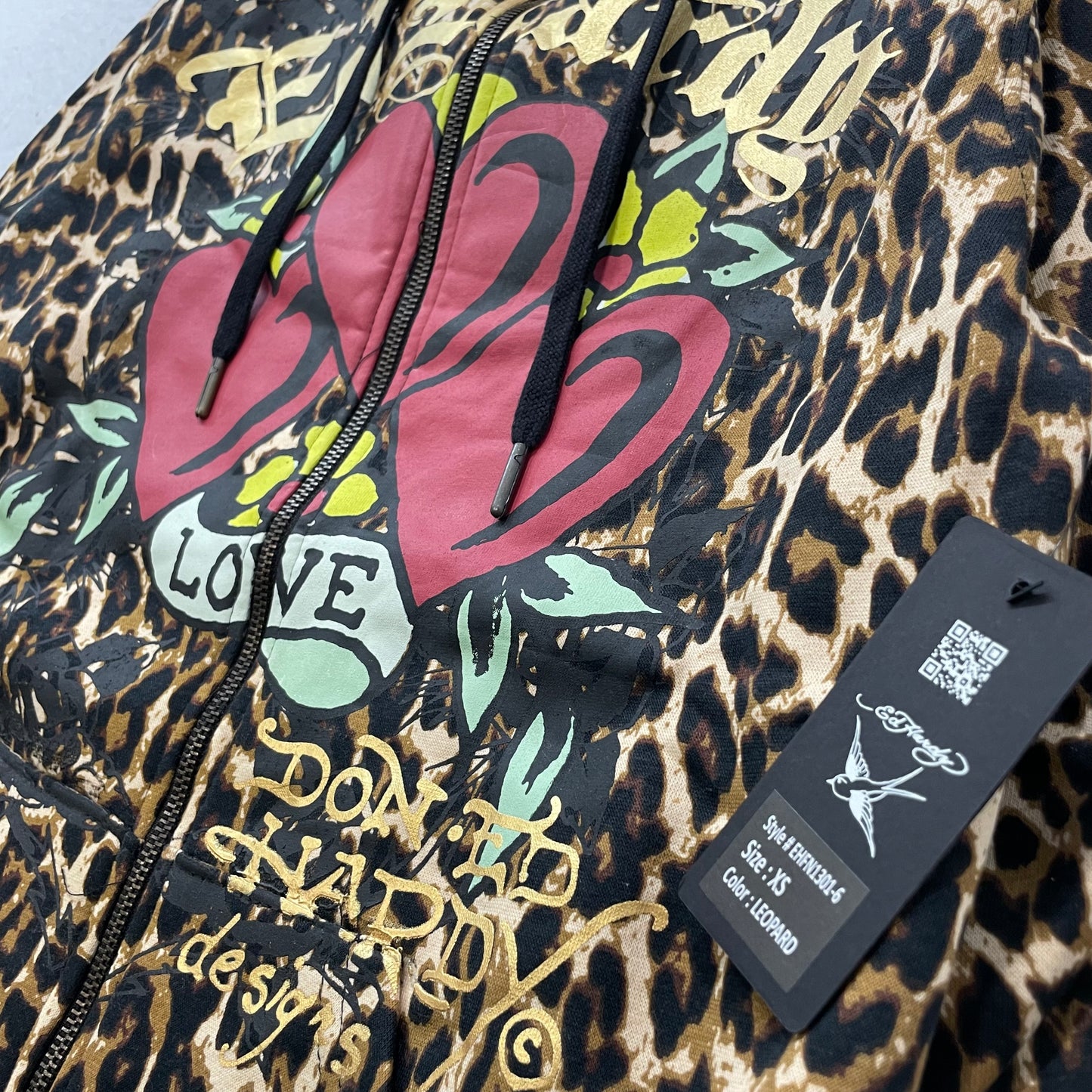 Ed Hardy Heart Tattoo Graphic Women's Leopard Print Zip-Up Fleece Hoodie Size XS