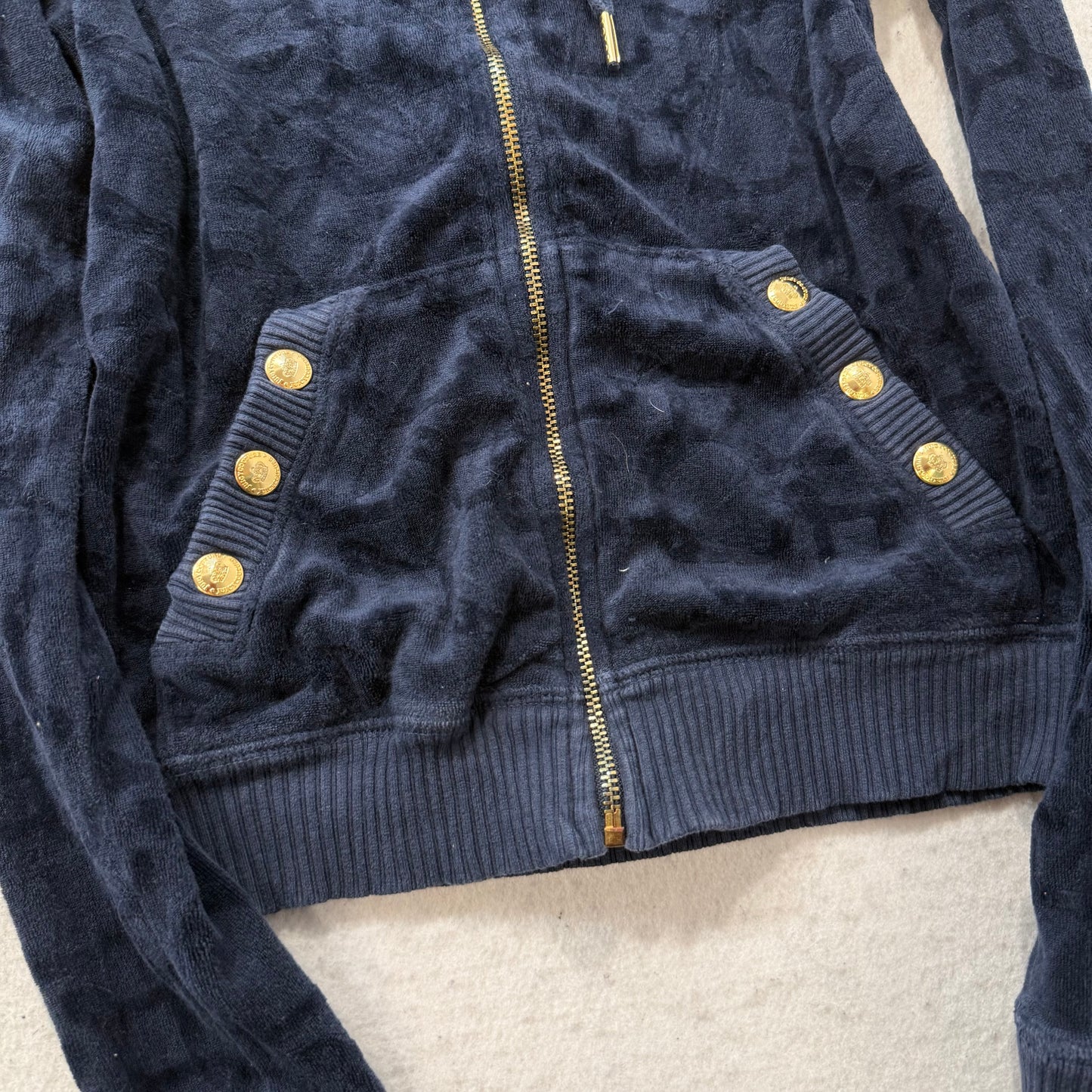 Vintage Juicy Couture Women Navy Terrycloth Butterfly Print Zip-Up Hoodie Size S