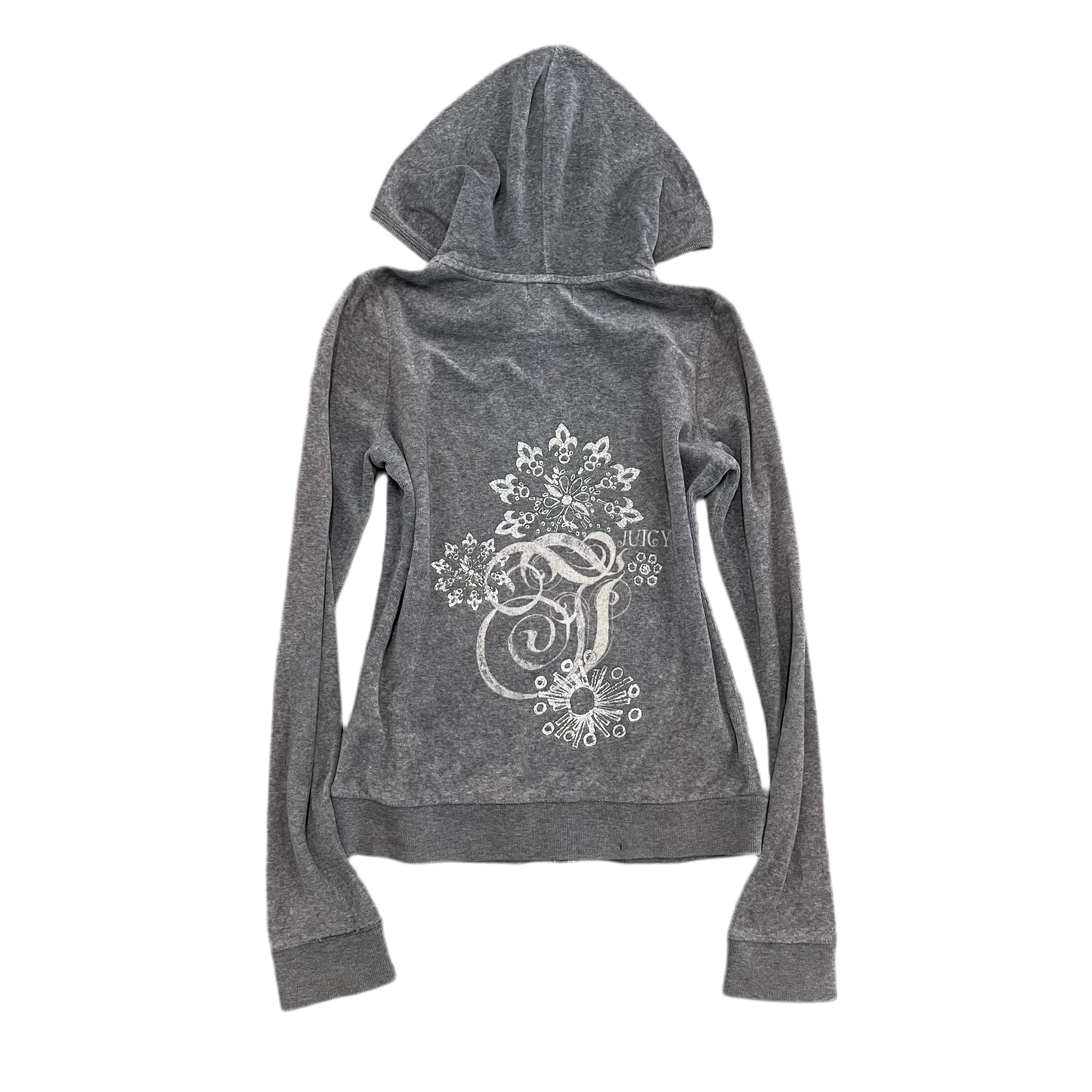 Vintage Juicy Couture Back Design grey velour zip up hoodie size 12