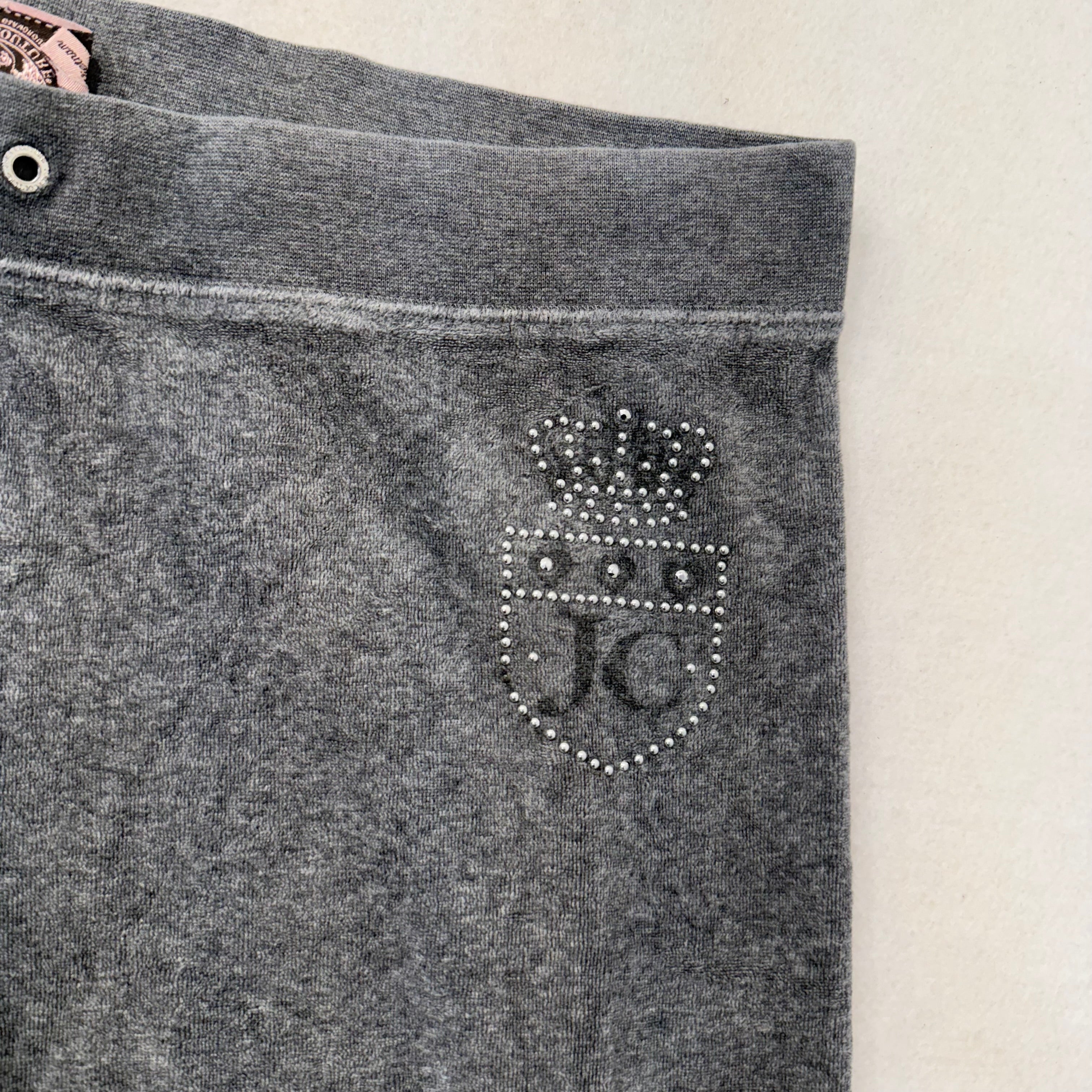 Vintage Juicy Couture Rhinestone Crown Shield Crest Gray Flare Velour Pants Size XL