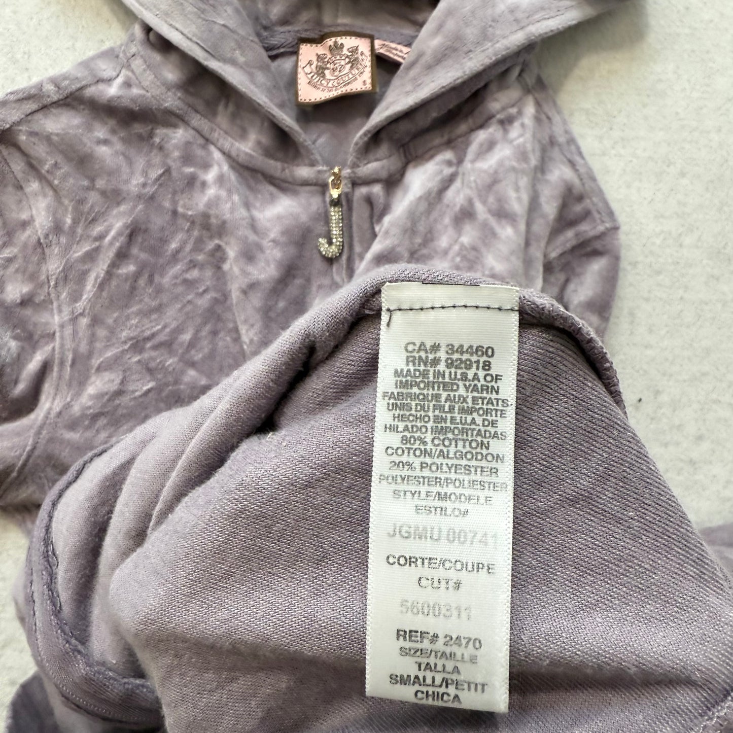 Vintage Juicy Couture Women's Gray Velour Zip-Up Hoodie Kangaroo Pockets Size S