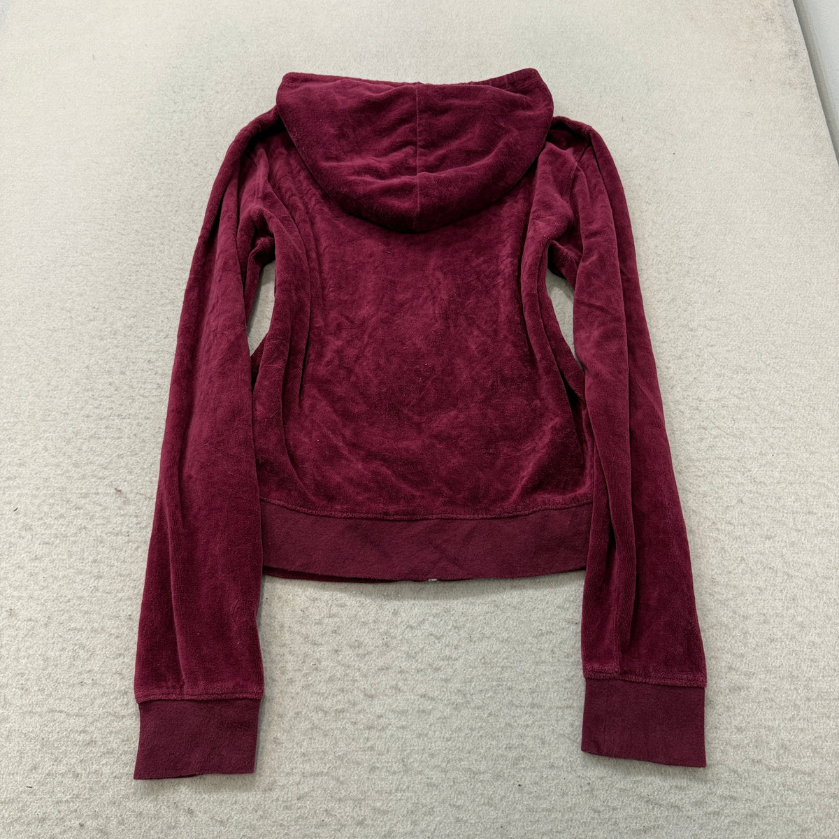 Vintage Juicy Couture Women Maroon Velour Zip-Up Hoodie Drawstring Pocket Size S