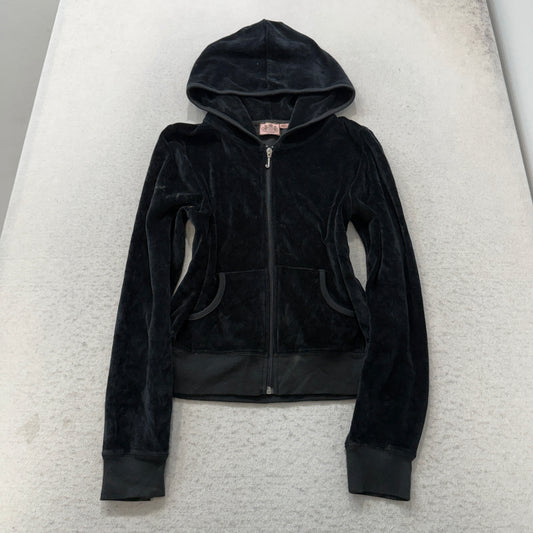 Vintage Juicy Couture Women's Black Velour Full Zip Hoodie Pockets Casual Size L