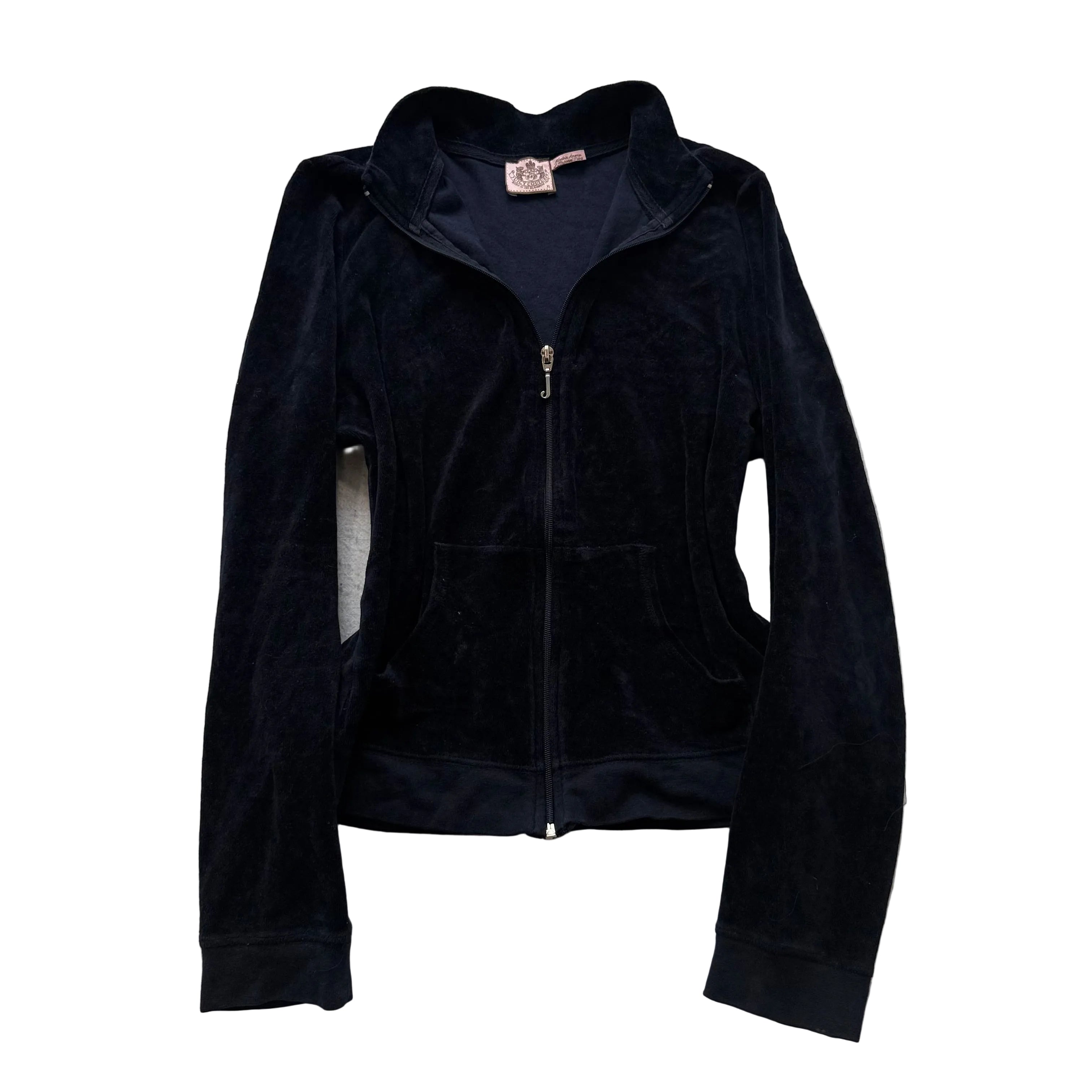 Juicy Couture Women's Jet Black Velour Zip-Up Track Jacket Mock Neck Y2k Size XL