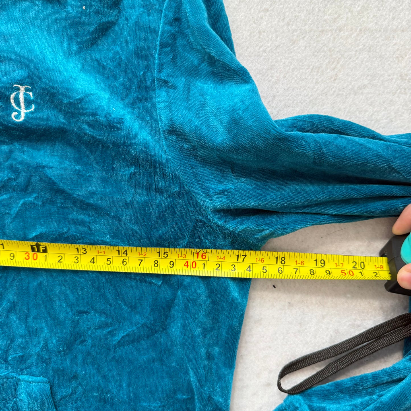 Juicy Couture Women's Turquoise Blue Velour Zip Up Hoodie Ruched Hem Logo Size L