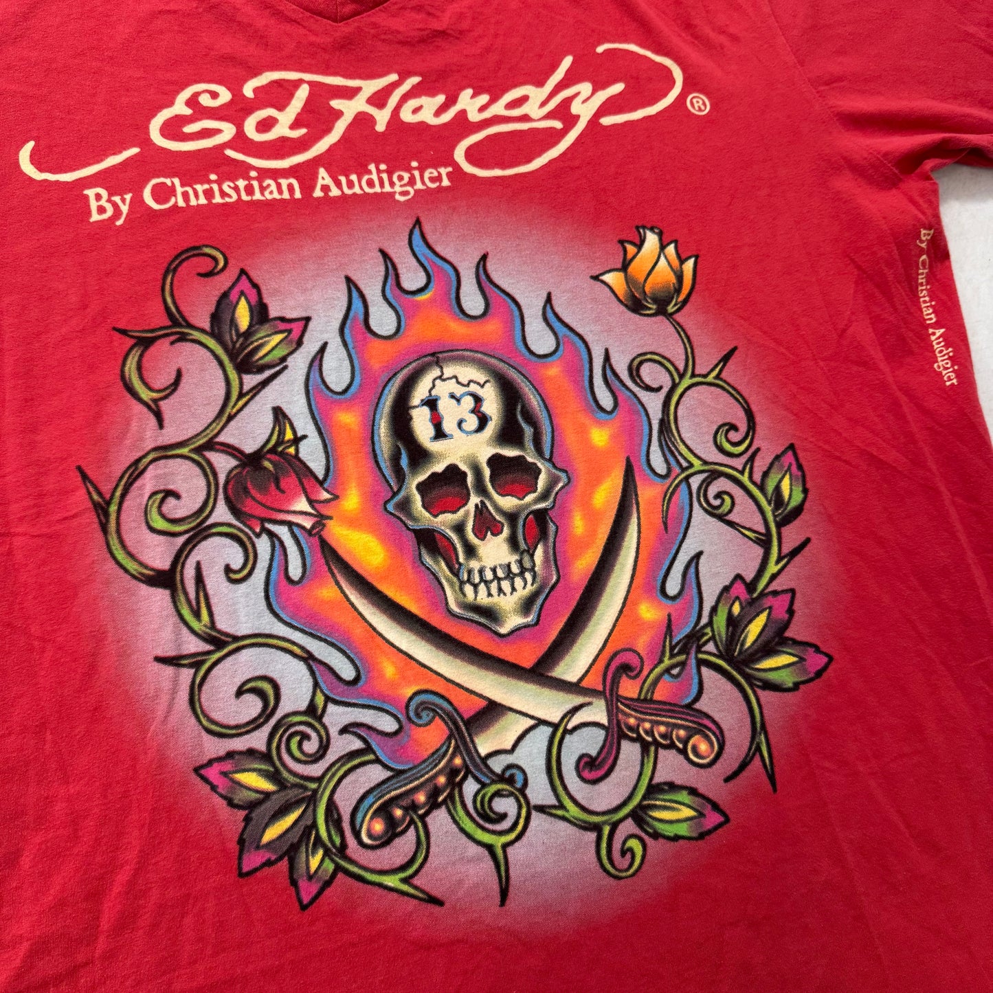 ED HARDY by Christian Audigier "Flame Pirate Skull" Red Graphic T-Shirt Size XXL