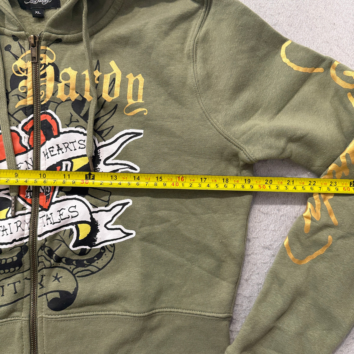 Ed Hardy Broken Hearts Cropped Zip Up Hoodie Olive Size S photo 4