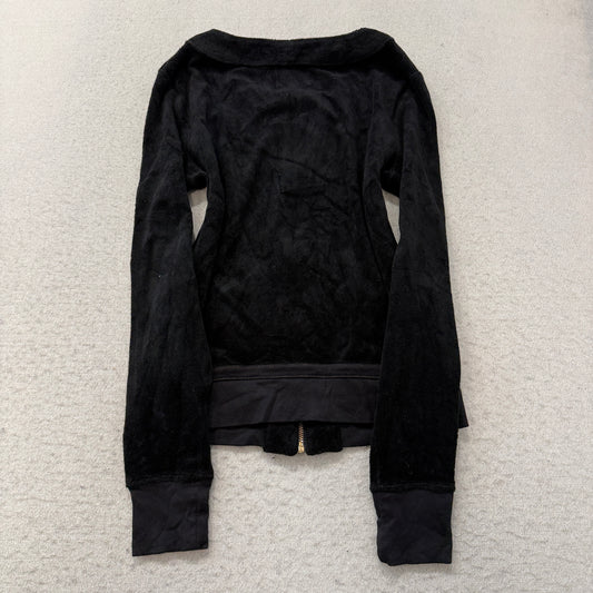 Vintage Juicy Couture Women's Black Velour Zip-Up Track Jacket Pockets Size L