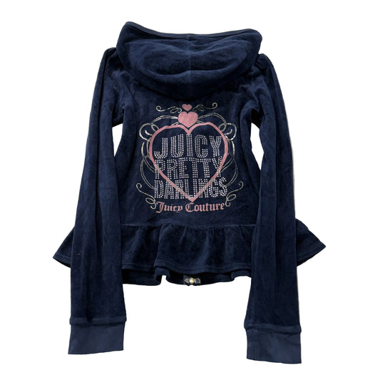 VTG Juicy Couture Juicy Pretty Darling Women Navy Zip-Up Hoodie Ruffled Hem - XL