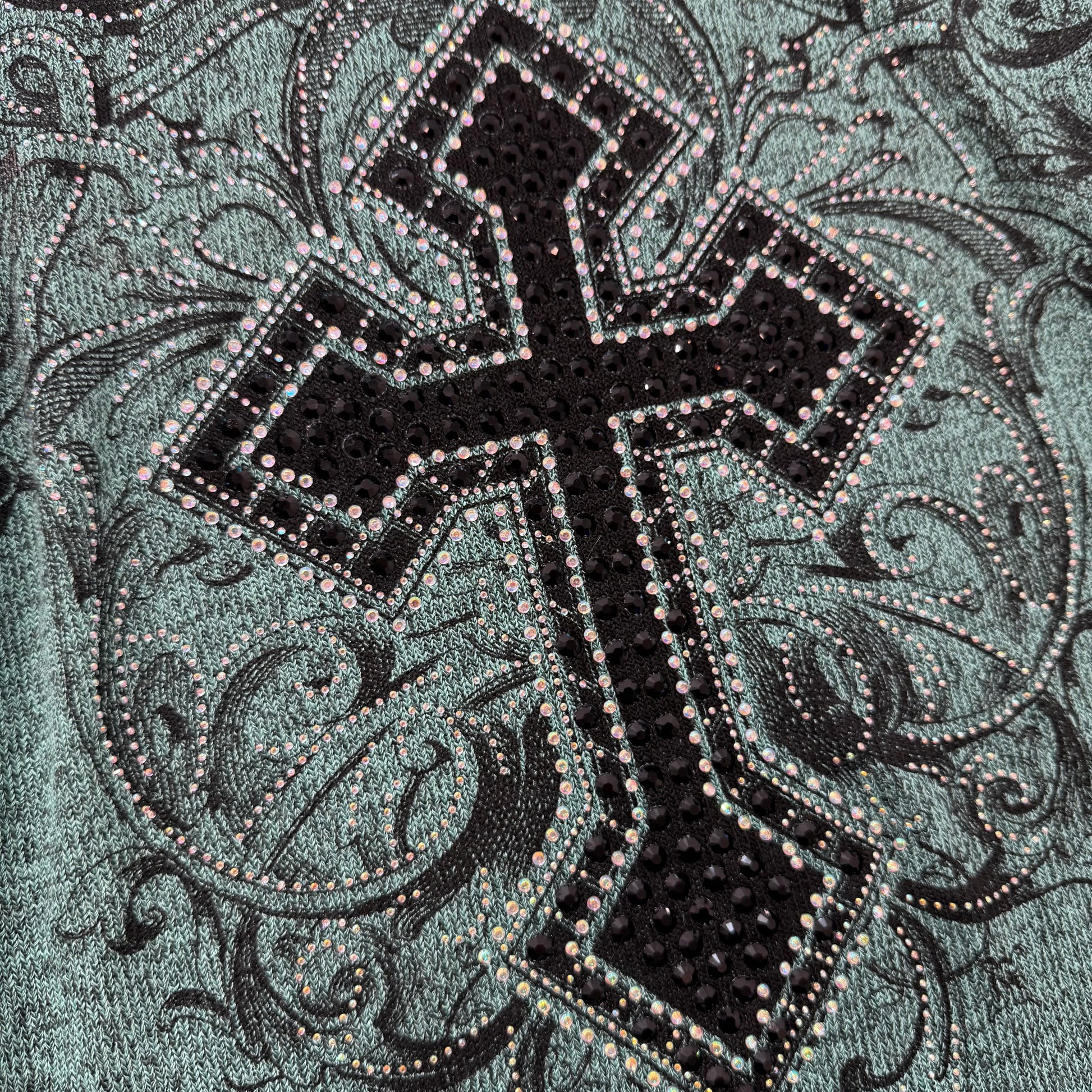 Vocal blue green rhinestone cross graphic stretch top size Medium - Clean Curriculums 