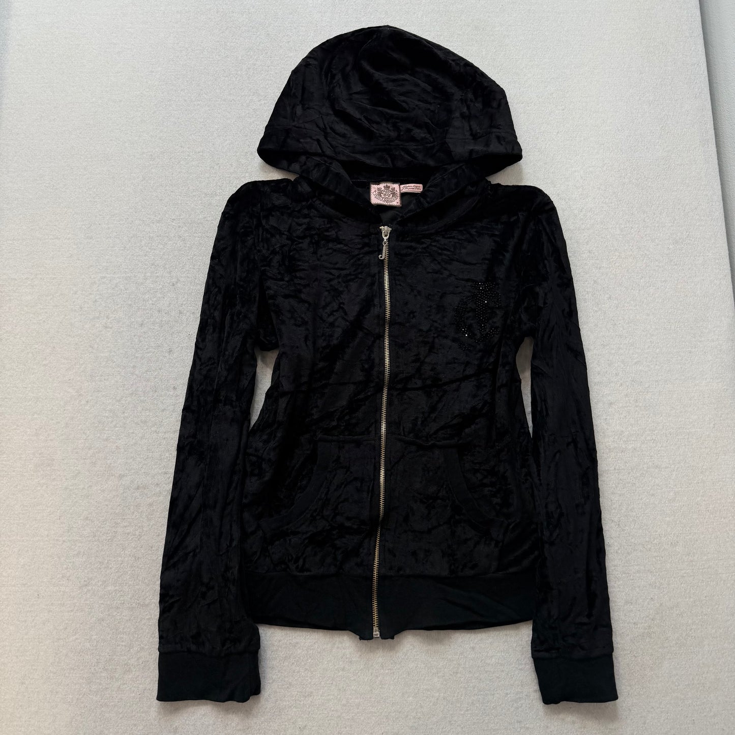 Juicy Couture Women's Jet Black Velour Zip Up Hoodie Rhinestones Logo Y2K Size M