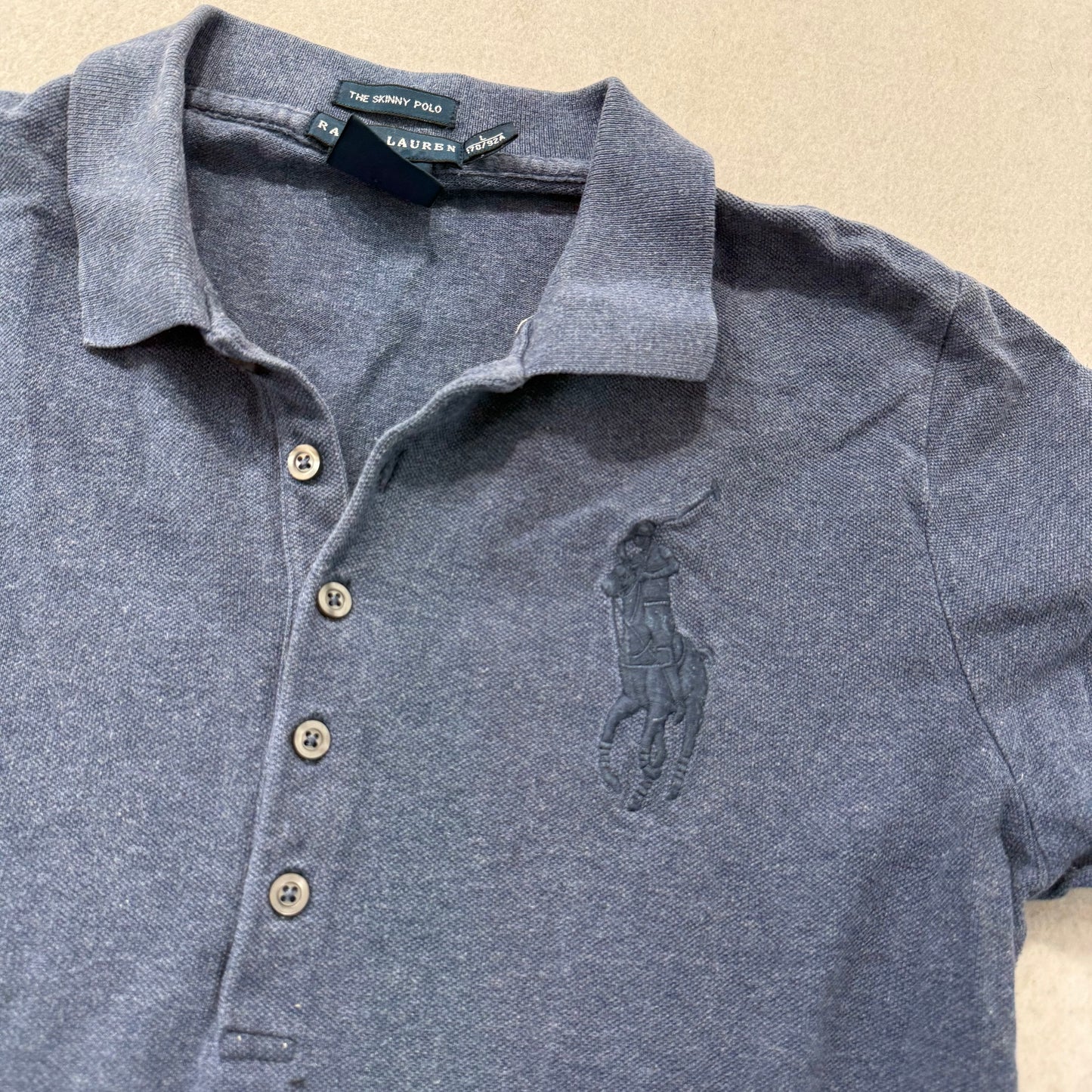 Ralph Lauren The Skinny Polo Women's Navy Cotton Polo Shirt Cap Sleeves Size L