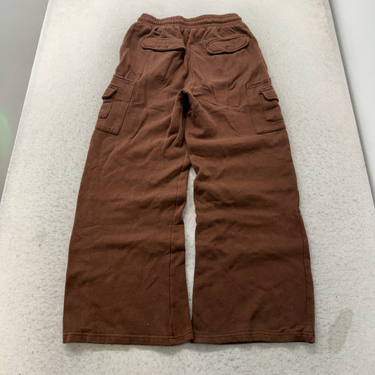 Wide Leg Cargo Sweatpants Women's Brown Fleece Drawstring Pockets Size M photo 2