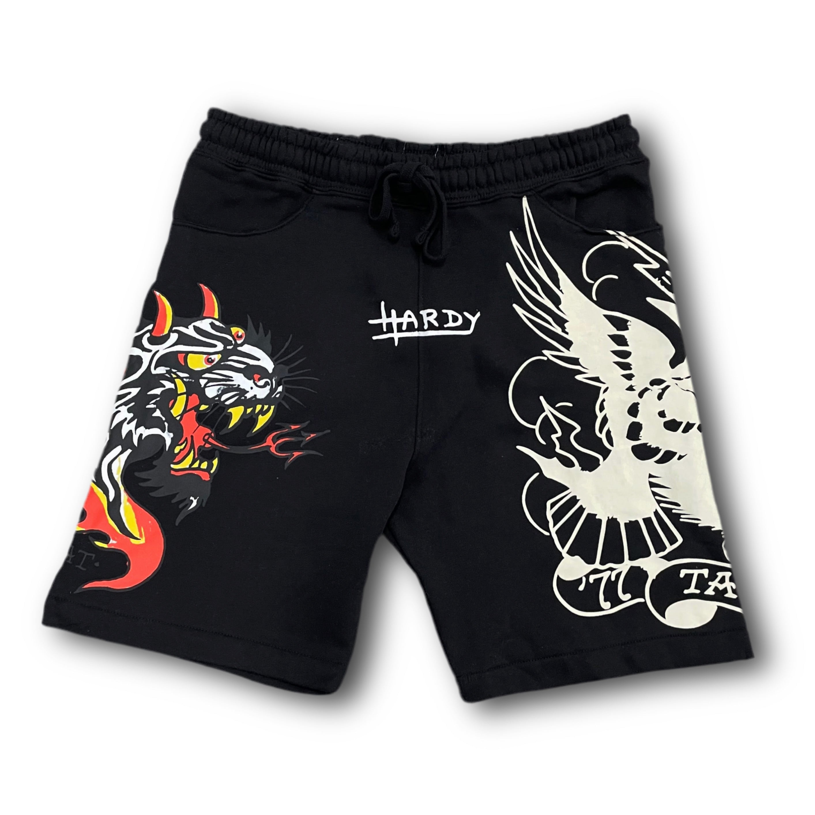 ED HARDY “Hellcat Tattoo” BLACK FLEECE SHORTS