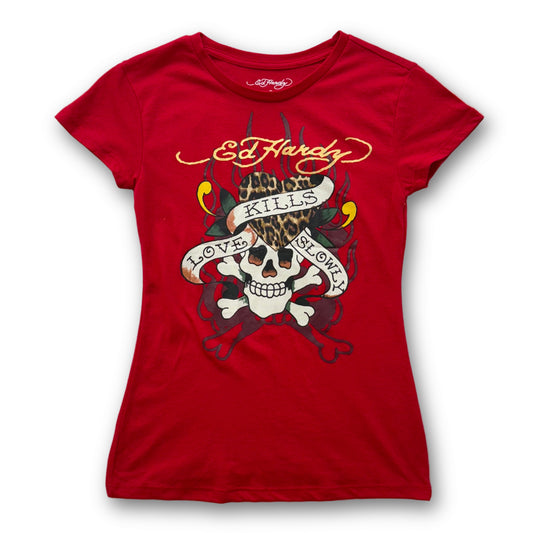 ED HARDY “LKS Leopard” CHERRY RED CAP SLEEVE BABY TEE