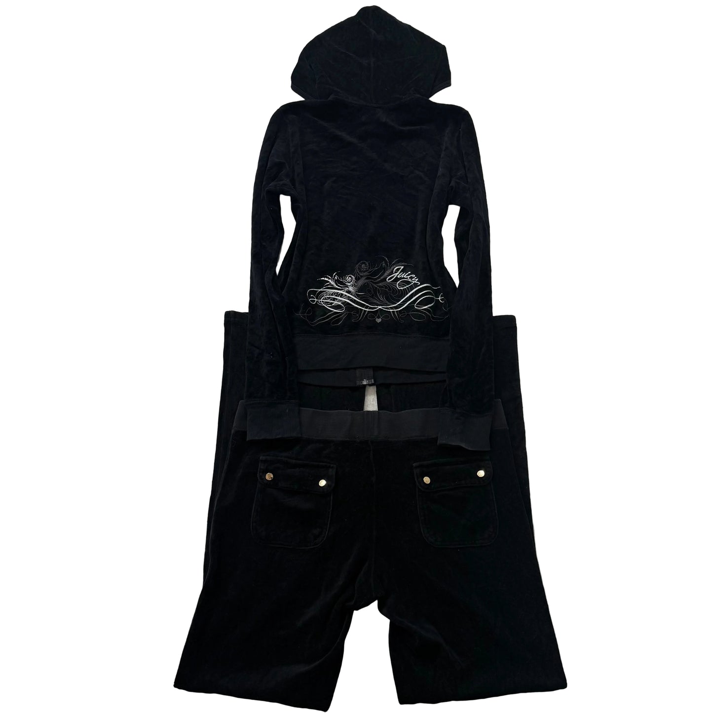 Juicy Couture Black Velour Tracksuit Set Zip Up Hoodie & Flared Pant Logo Size L