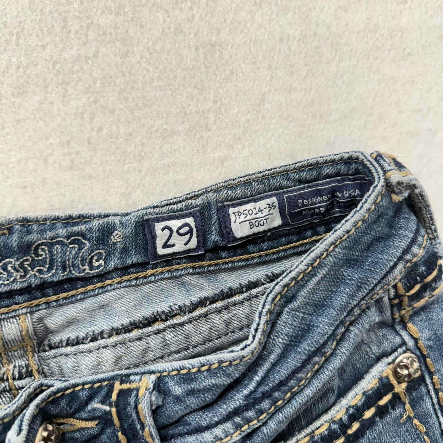 Miss Me Women's Medium Blue Denim Bootcut Jeans Embellished Snap Pockets Size 29