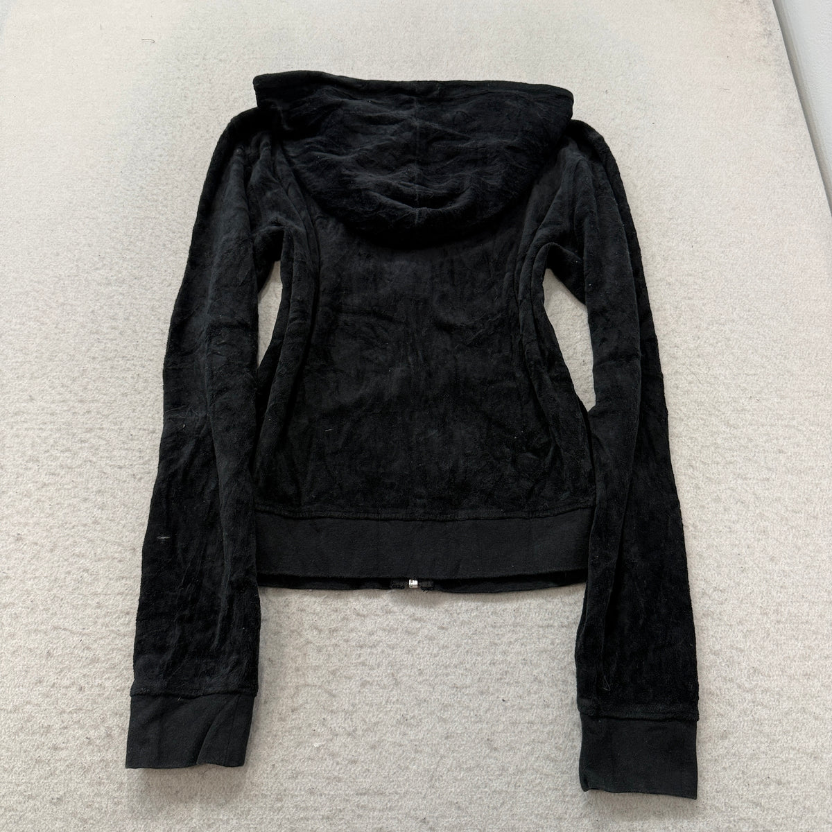 Juicy Couture Women's Black Velour Zip-Up Hoodie Pockets Drawstring Y2K Size M