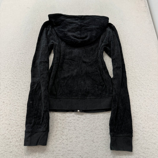Juicy Couture Women's Black Velour Zip-Up Hoodie Pockets Drawstring Y2K Size M